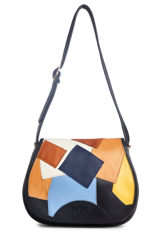 Vintage 1960s Color-Blocked Patchwork Black Leather Shoulder Bag Re-Imagined