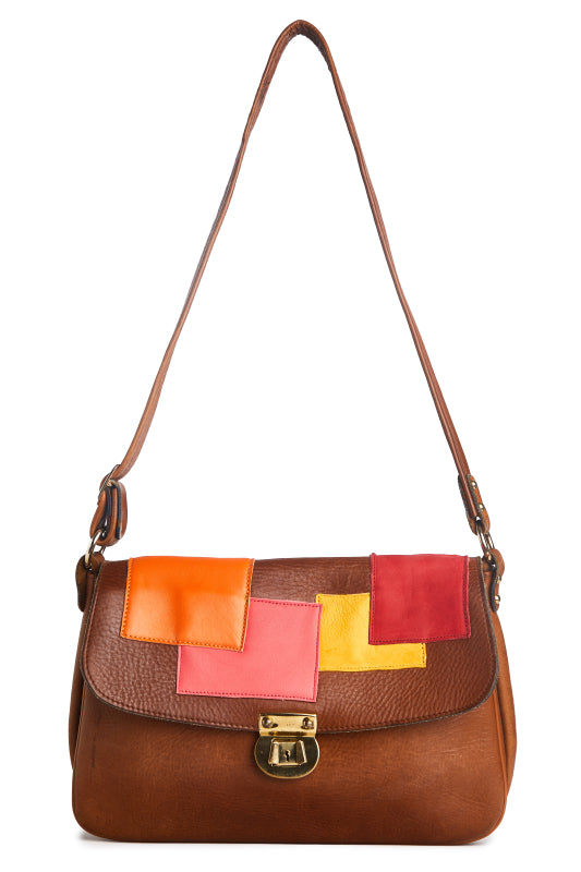 Vintage 1970s Color-Blocked Patchwork Brown Leather Shoulder Bag Re-Imagined