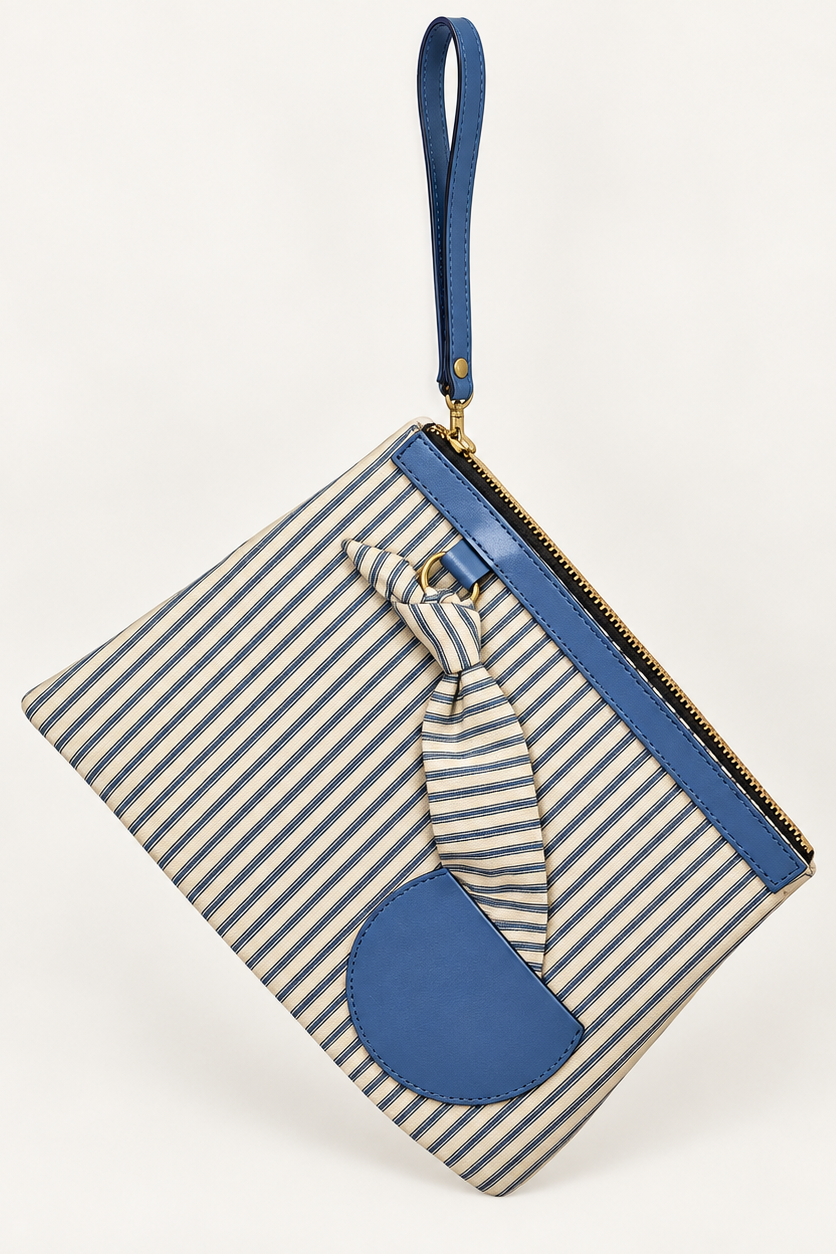 A striped zip pouch with a blue wristlet strap, blue trim, a decorative blue bow, and a blue circular patch on a white background.