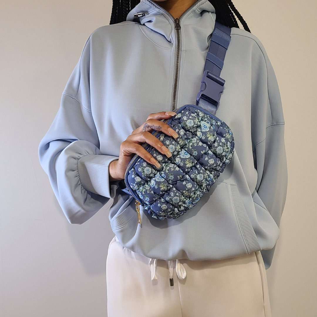 Quilted Puffer Belt Bag - Blue Floral