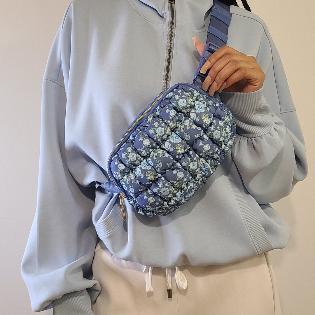 Quilted Puffer Belt Bag - Blue Floral