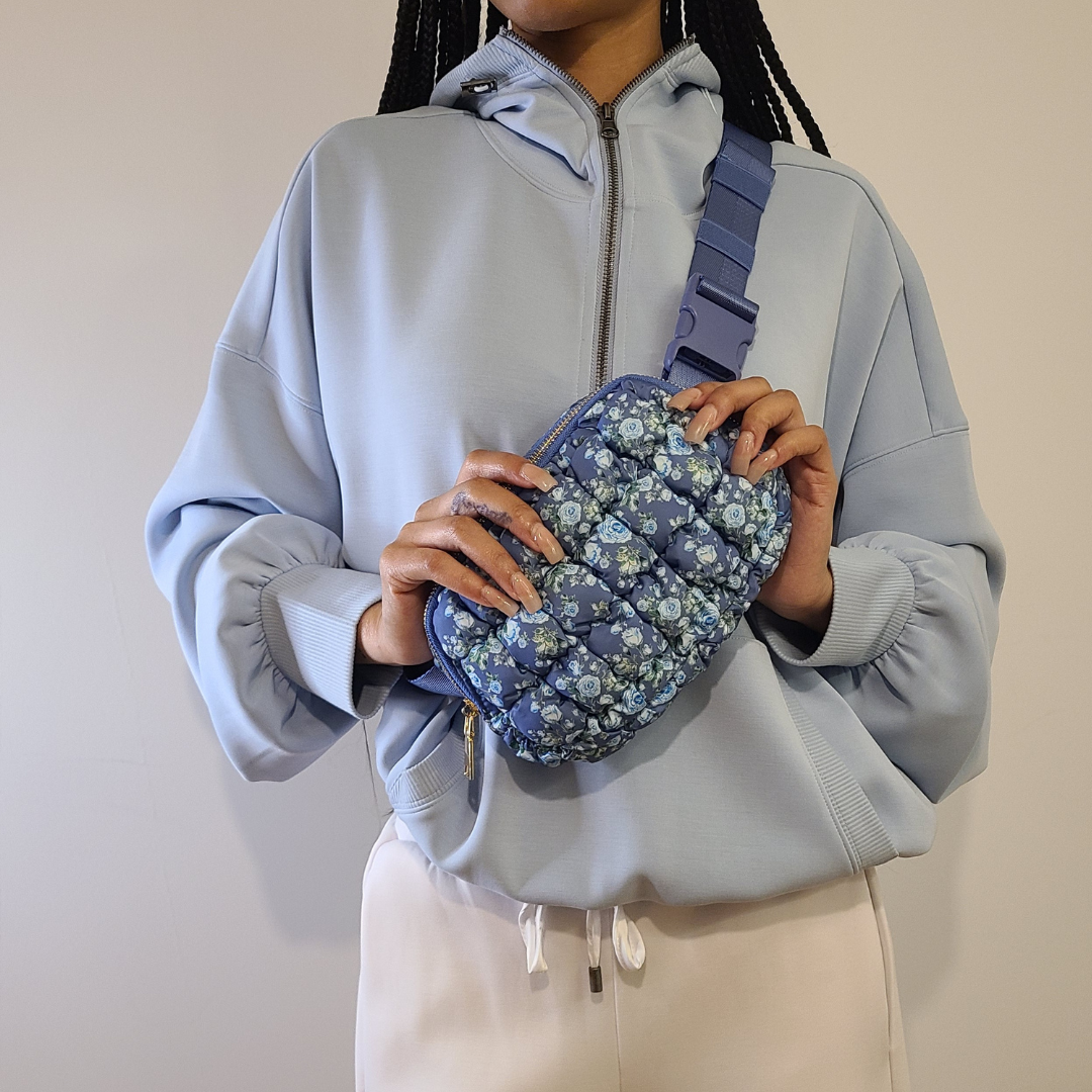 Quilted Puffer Belt Bag - Blue Floral