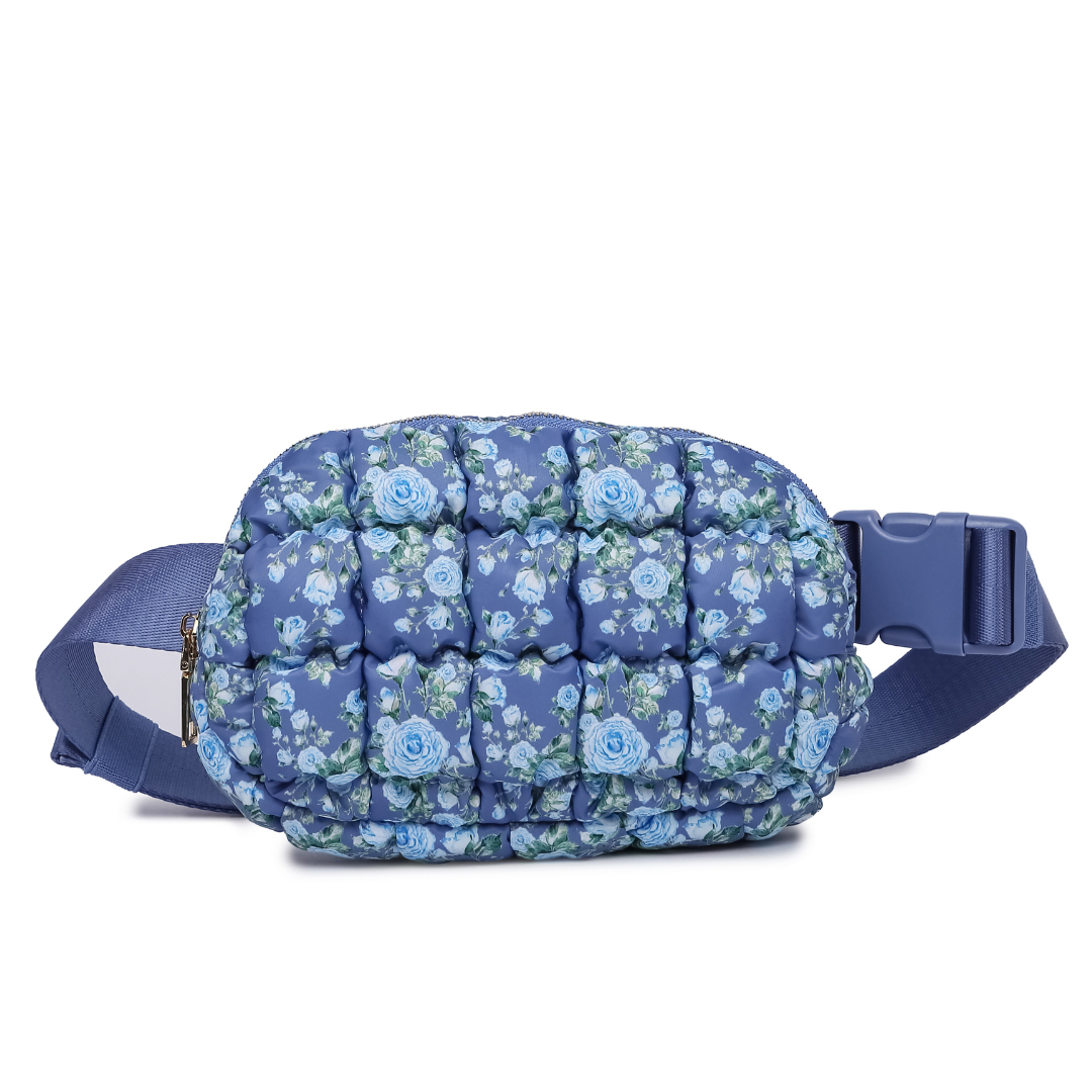 Quilted Puffer Crossbody Bag - Blue Floral