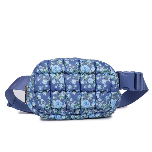 Quilted Puffer Belt Bag - Blue Floral