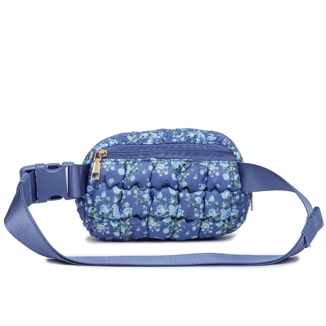 Quilted Puffer Belt Bag - Blue Floral