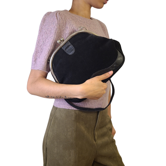Vintage 1960s Oversized Suede Kiss Lock Frame Bag