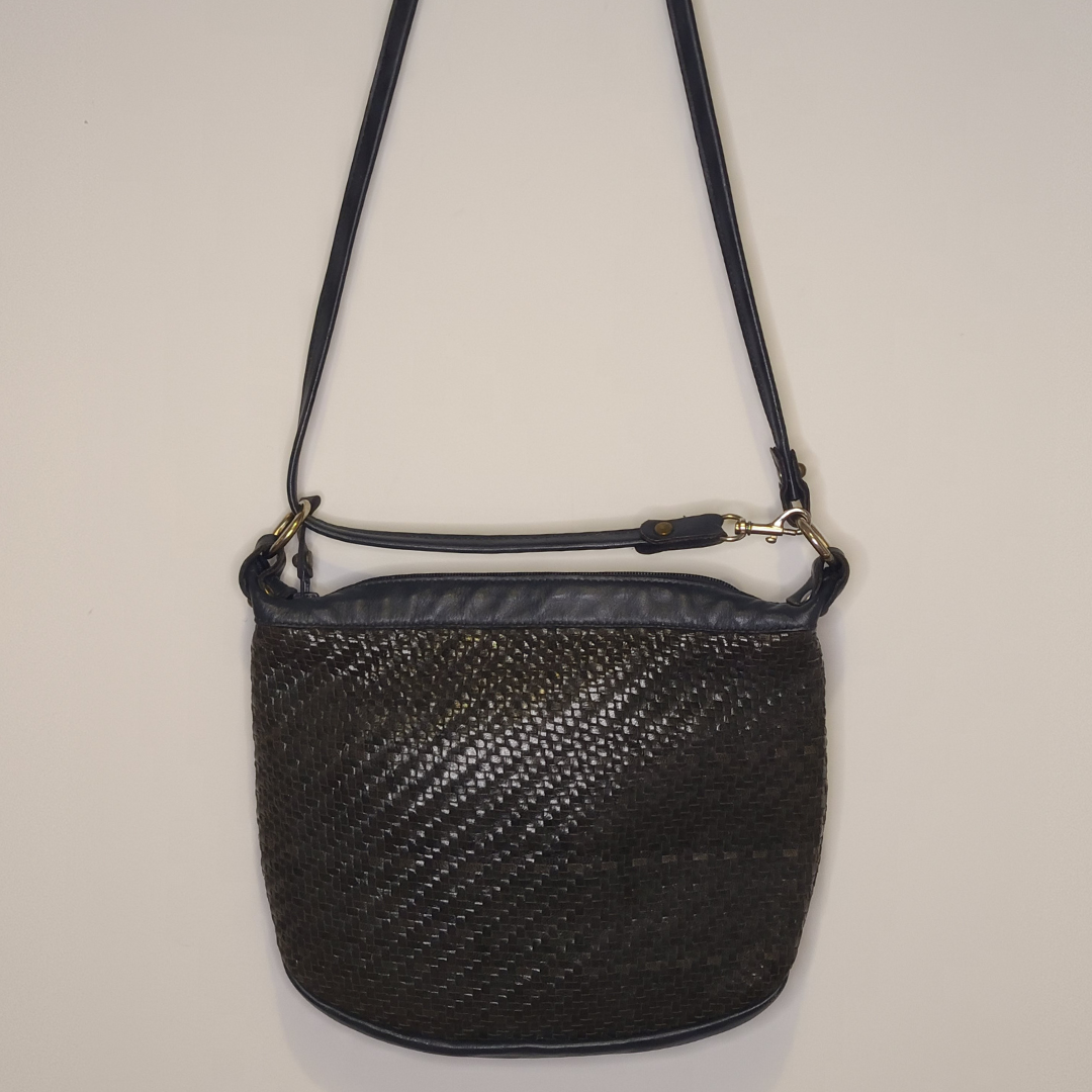 Vintage 1960s Navy and Brown Woven Leather Handbag