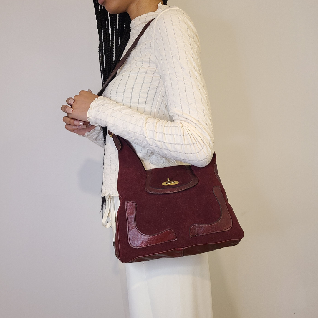 Vintage 1970s Burgundy Suede Shoulder Bag