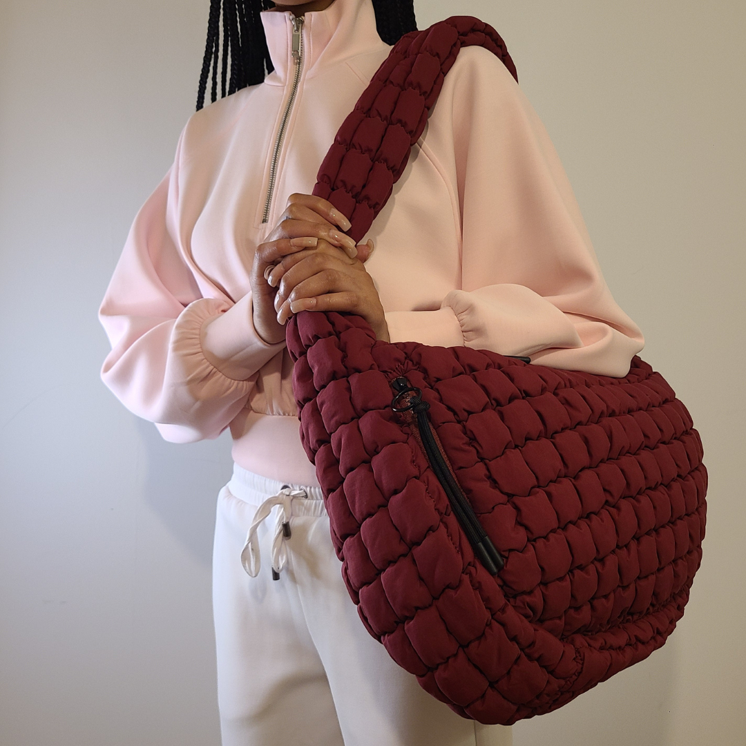 Quilted Puffer Carryall Tote - Dark Red