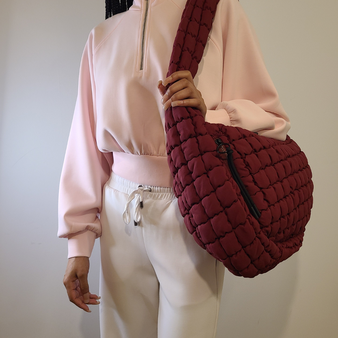 Quilted Puffer Carryall Tote - Dark Red