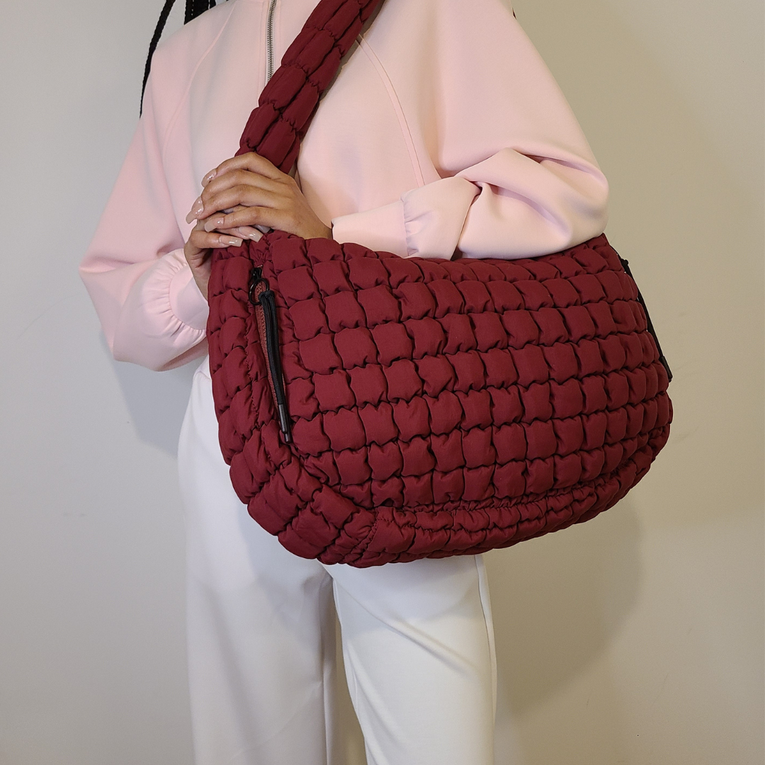 Quilted Puffer Carryall Tote - Dark Red