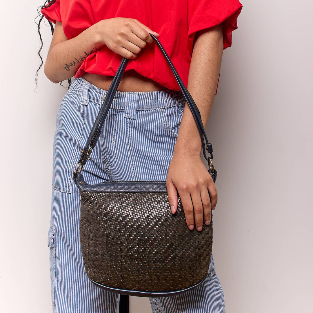 Vintage 1960s Navy and Brown Woven Leather Handbag