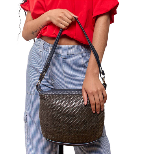 Vintage 1960s Navy and Brown Woven Leather Handbag