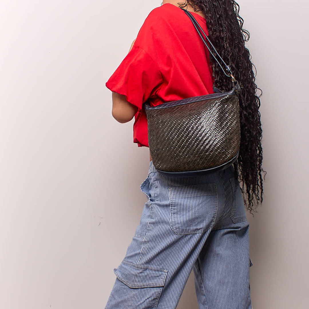 Vintage 1960s Navy and Brown Woven Leather Handbag