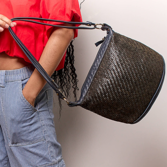 Vintage 1960s Navy and Brown Woven Leather Handbag