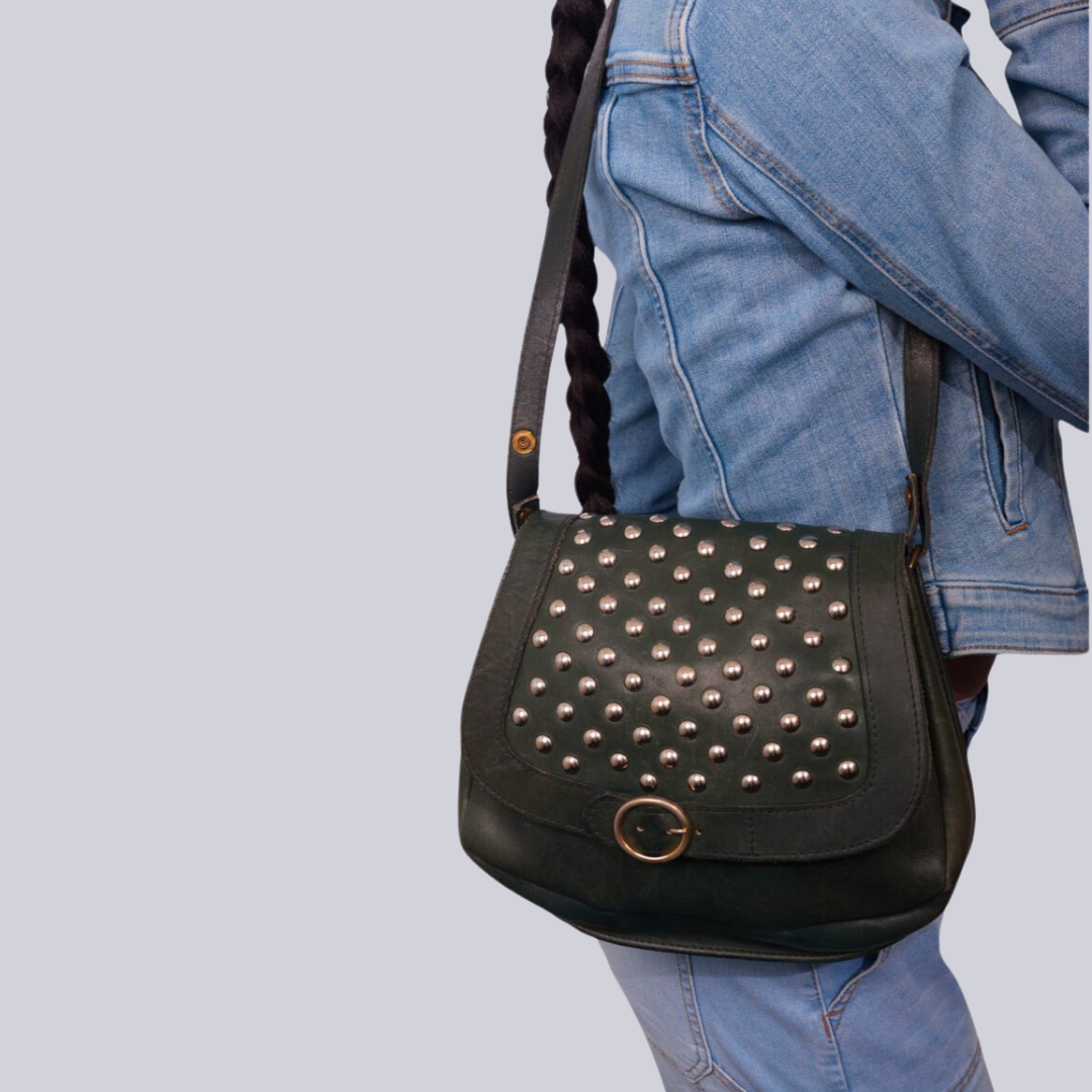 Vintage 1960s Midnight Green Leather Shoulder Bag Re-Imagined