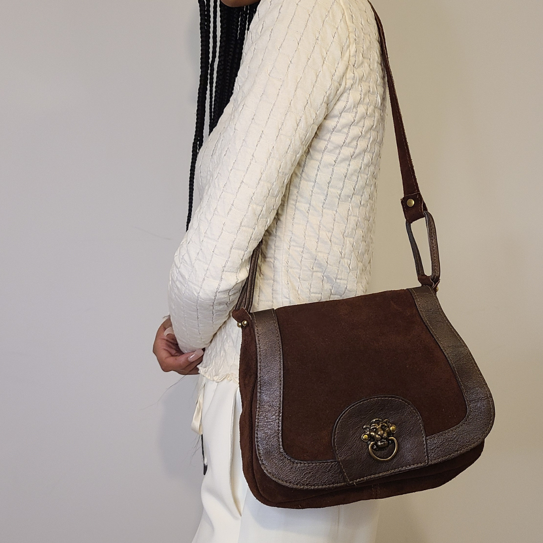 Vintage 1970s Suede Shoulder Bag Featuring Lion Door Knocker