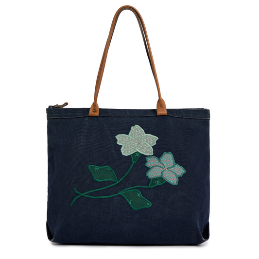 Vintage 1960s Canvas Tote with Floral Applicque
