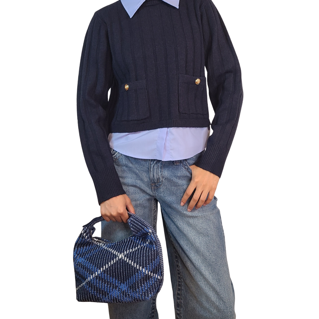 Grafton Plaid Sweater Knit Bag - Classic Navy