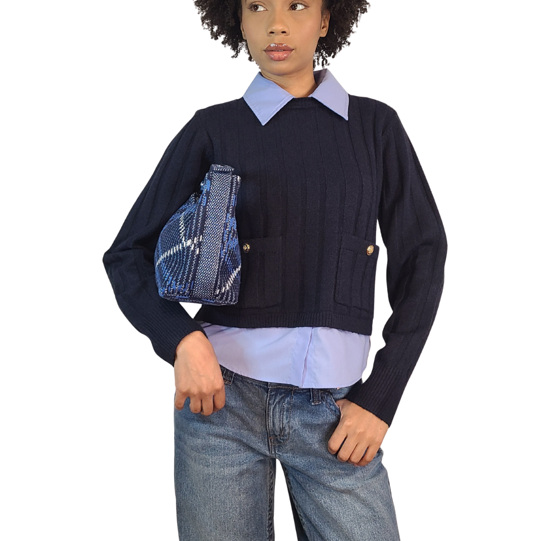 Grafton Plaid Sweater Knit Bag - Classic Navy
