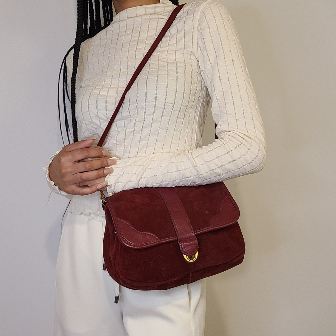 Vintage 1970s Oxblood Red Suede Shoulder Bag