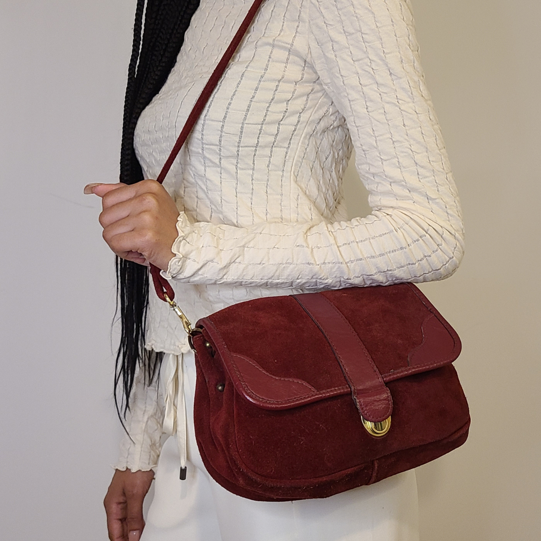 Vintage 1970s Oxblood Red Suede Shoulder Bag