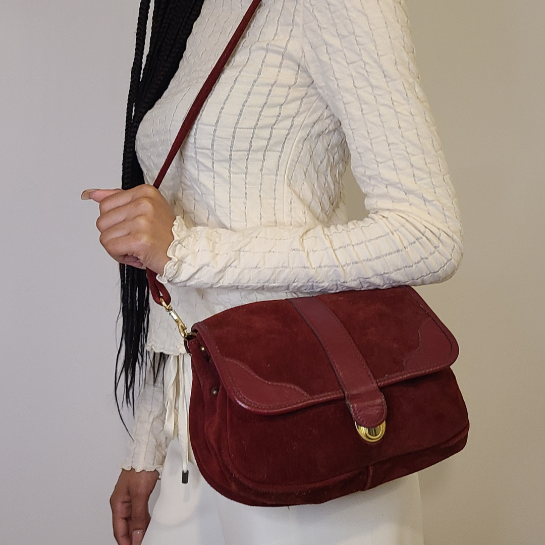 Vintage 1970s Oxblood Red Suede Shoulder Bag