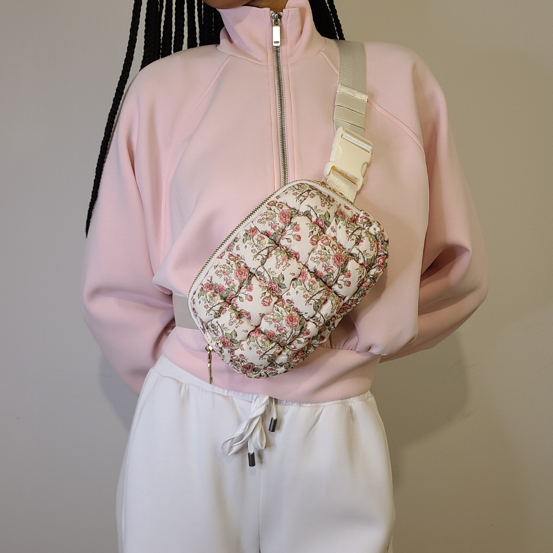 Quilted Puffer Belt Bag - Pink Floral