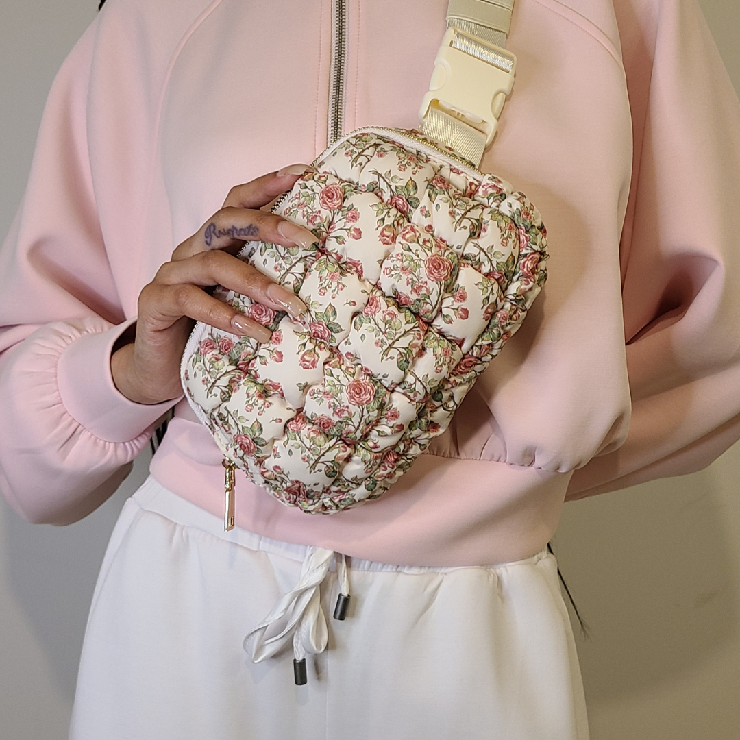 Quilted Puffer Belt Bag - Pink Floral