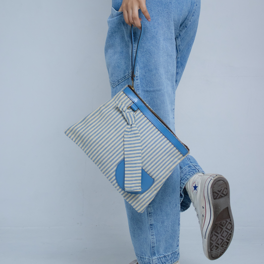 Vintage 1960s Blue and White Ticking Stripe Clutch