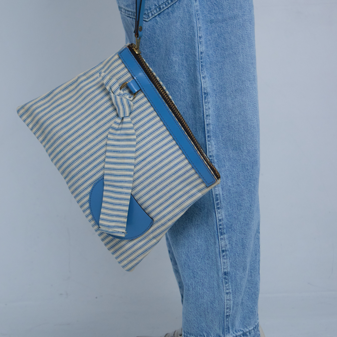 Vintage 1960s Blue and White Ticking Stripe Clutch