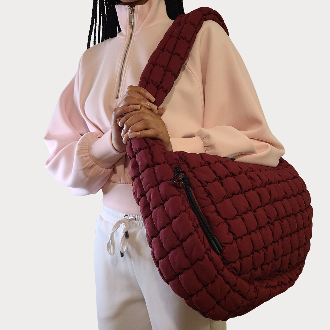 Quilted Puffer Carryall Tote - Dark Red