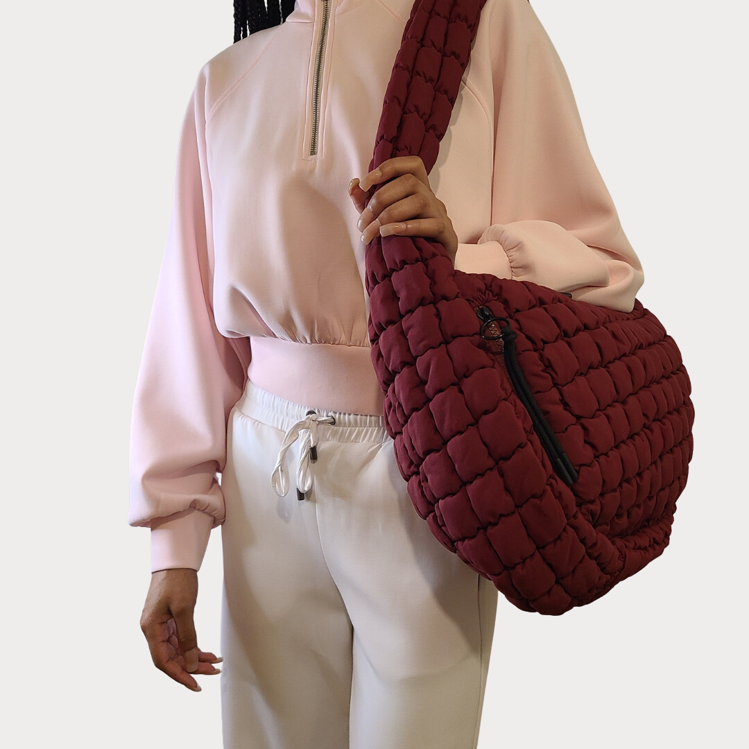 Quilted Puffer Carryall Tote - Dark Red