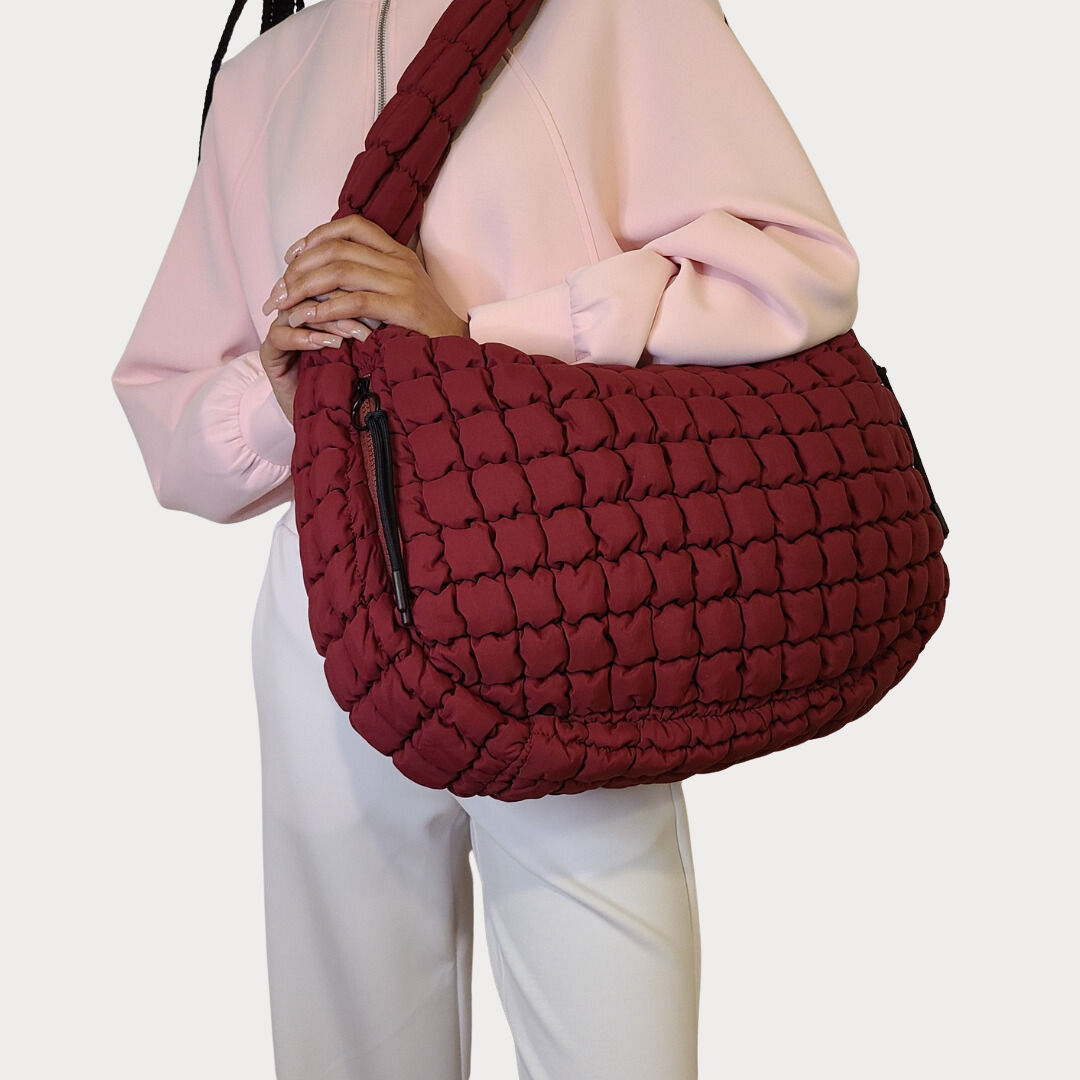 Quilted Puffer Carryall Tote - Dark Red