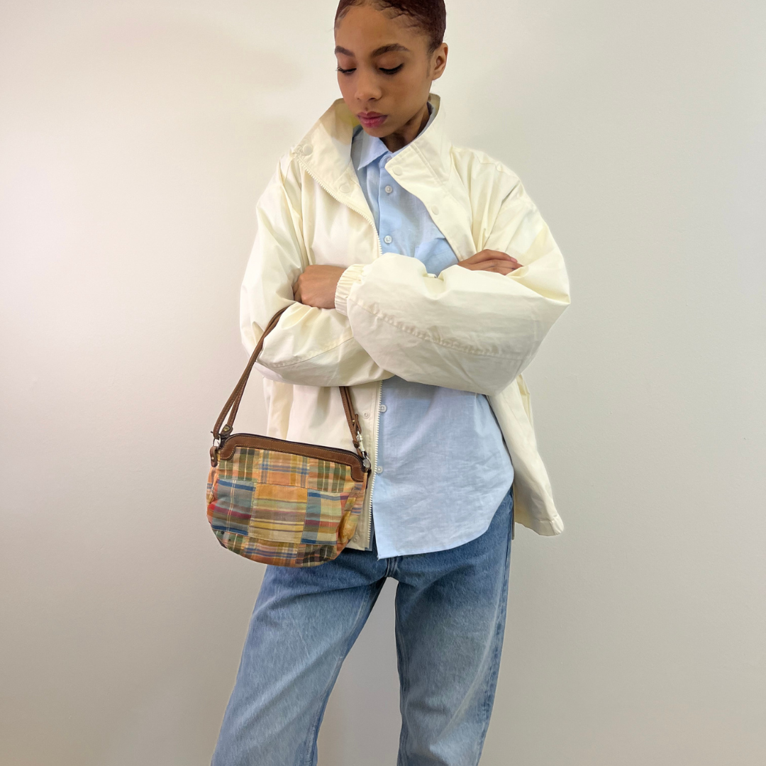 Vintage 1980s Washed Madras Plaid Shoulder Bag