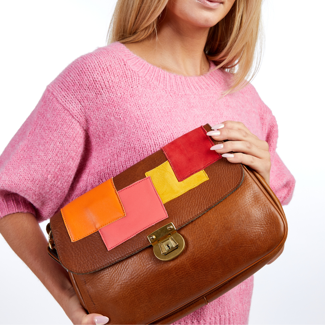 Vintage 1970s Color-Blocked Patchwork Brown Leather Shoulder Bag Re-Imagined