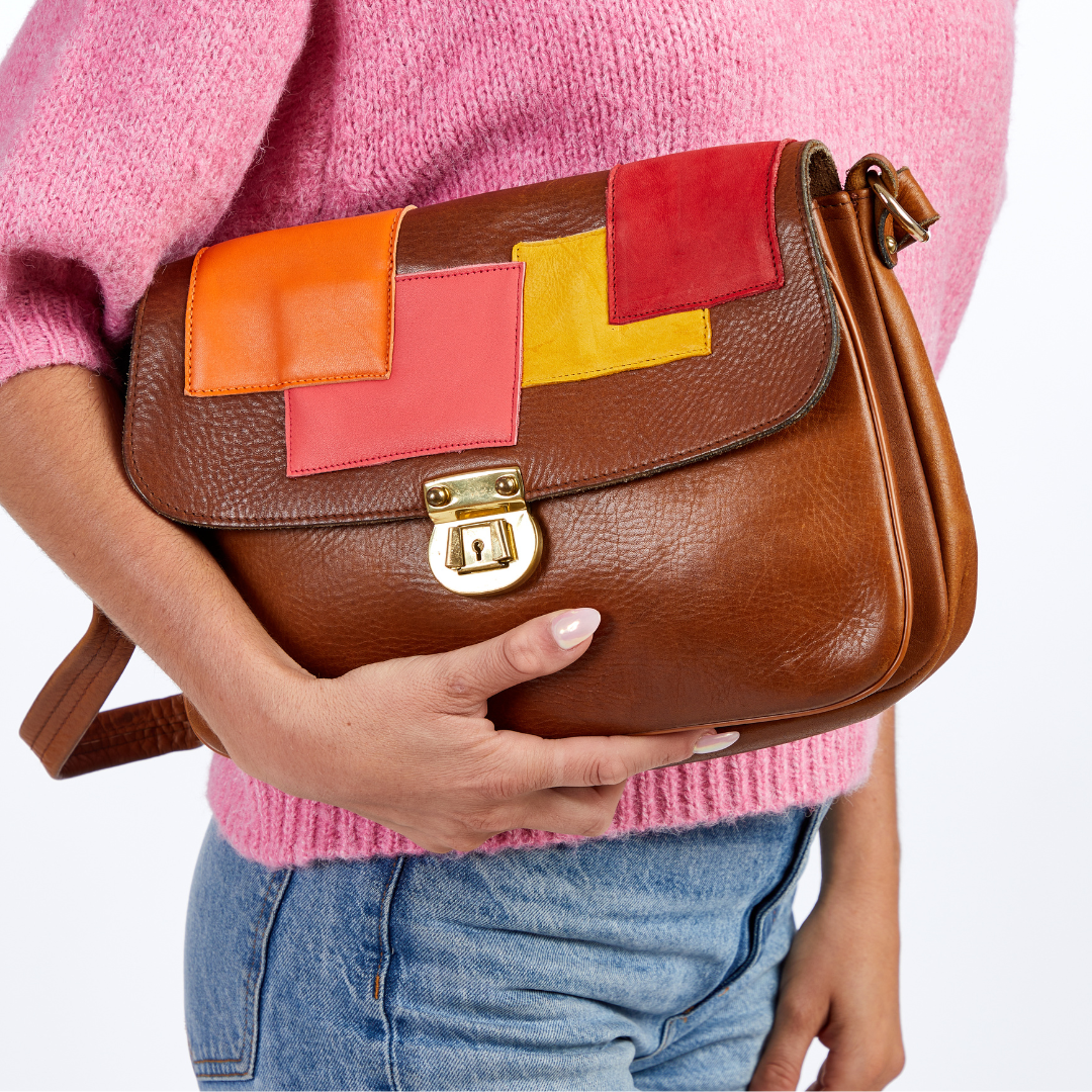 Vintage 1970s Color-Blocked Patchwork Brown Leather Shoulder Bag Re-Imagined