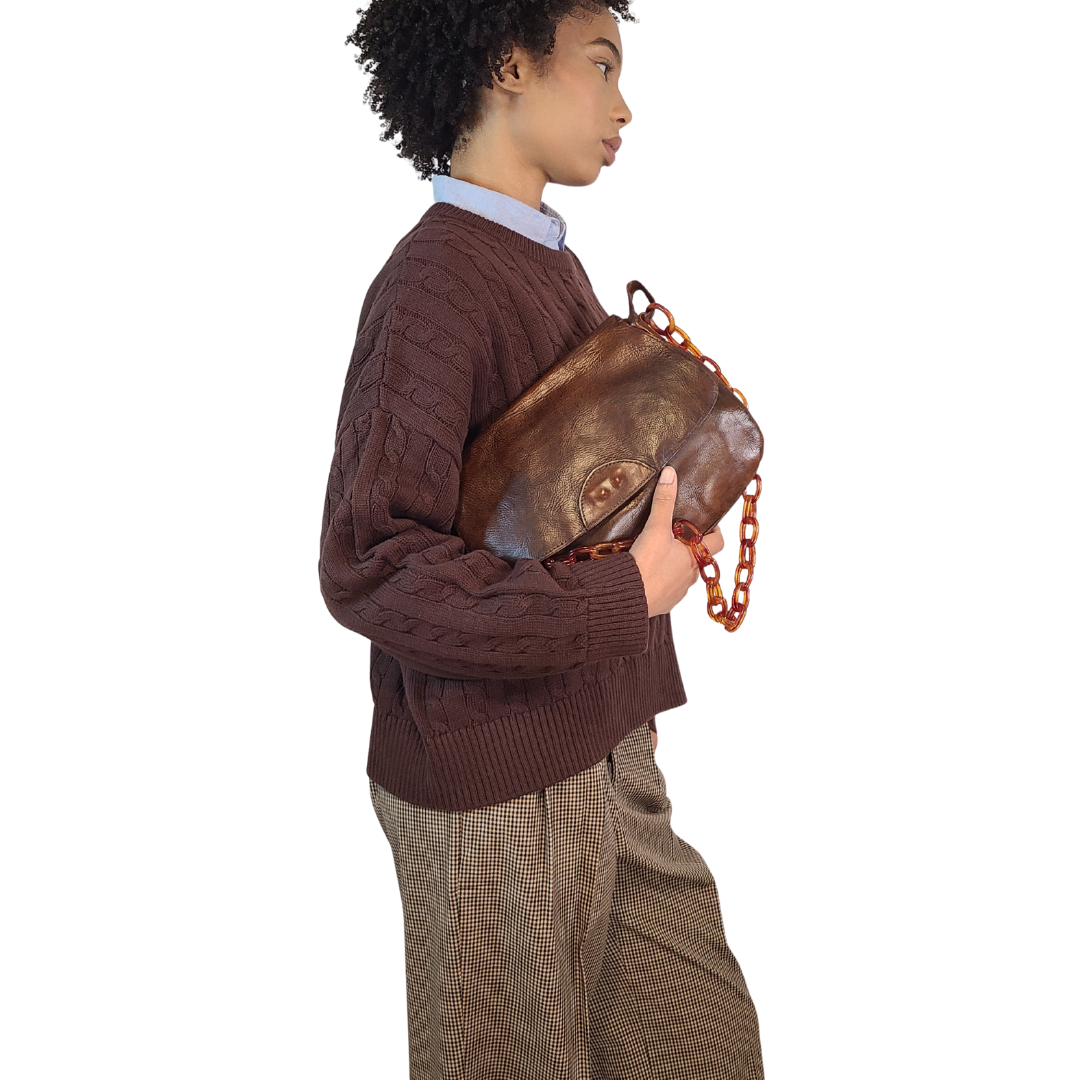 Vintage 1970s Leather Bag with Tortoise Strap