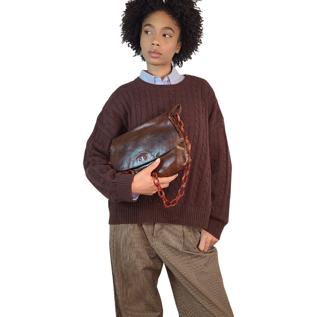 Vintage 1970s Leather Bag with Tortoise Strap