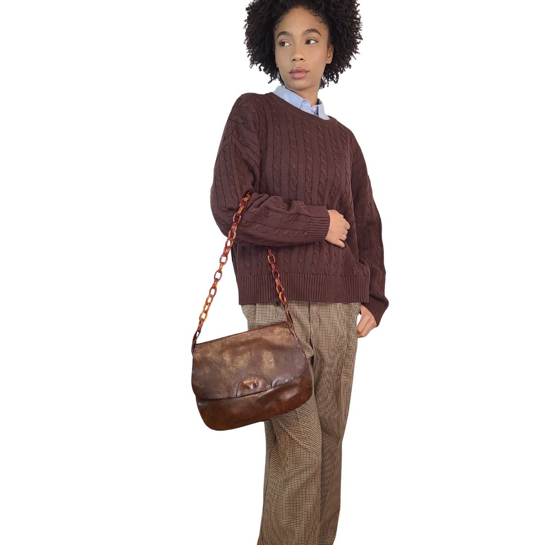 Vintage 1970s Leather Bag with Tortoise Strap