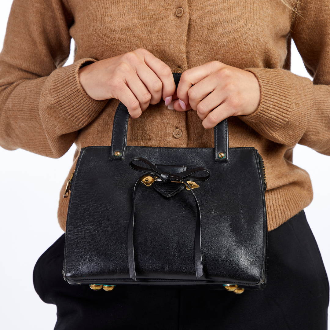 Vintage 1960s Black Leather Satchel with Bow Re-Imagined