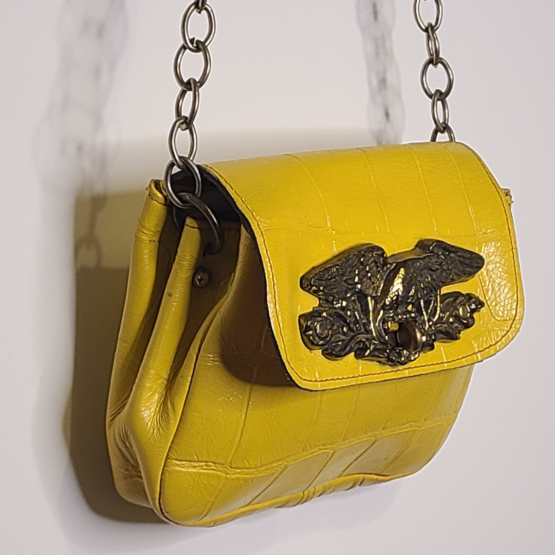 Vintage 1970s Yellow Leather Bag With Antique Brass Eagle